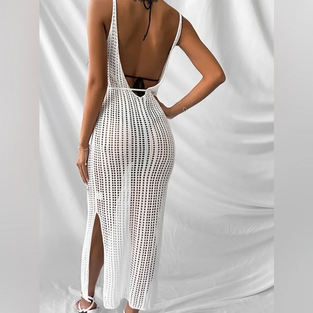 Boho Beach White Crochet Maxi Dress With Optional Waist Tie